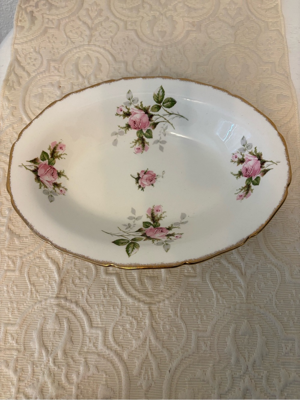 Antique Canonsburg Hallmark of Quality 10” Serving Bowl Pink T Rose 22K Gold Rim